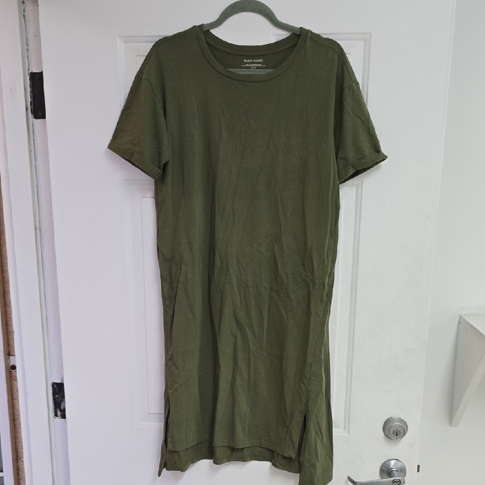 Eileen Fisher Womens Dress Small Short Sleeve Olive Green Cotton Spandex Stretch